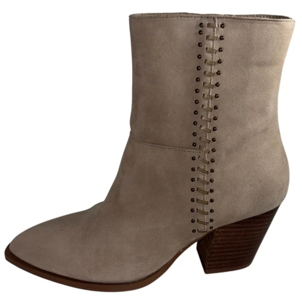 Lucky Brand Boho Suede Leather Boots Block Heel Side Stud Detail Tan Size 7.5